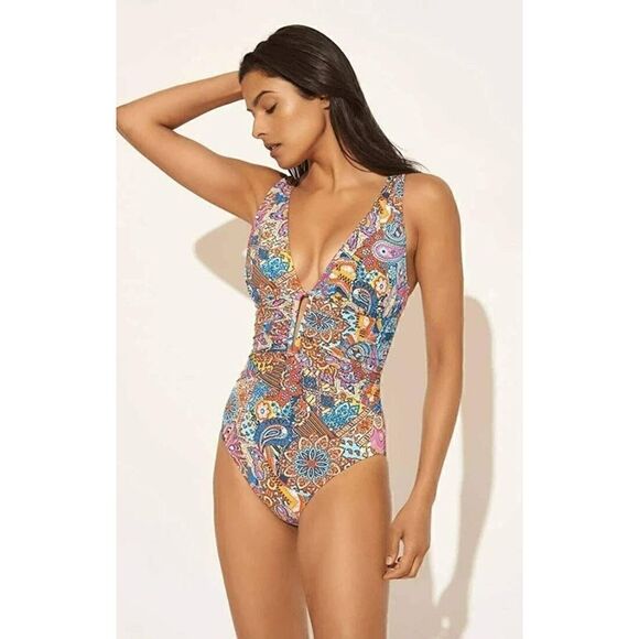 Bleu Rod Beattie Swimsuit Flattering Piece Paisley Key Hole Multicolor | 10 EUC - Picture 1 of 12